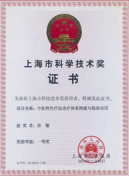 2014年 上海市科技进步一等奖 个人证书